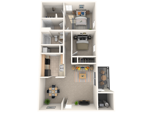 Floor plan for 2 beds, 2 baths, 956 sqft